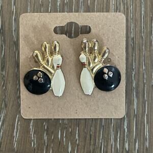Vintage Bowling Enamel Earrings Pin Ball Stud Pierced Novelty Retro Gold Tone